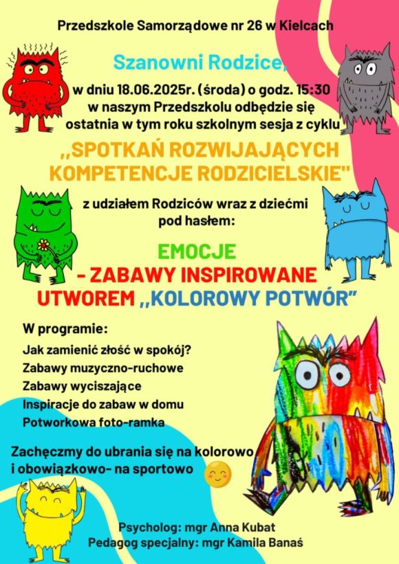 Emocje - zabawy inspirowane utworem “Kolorowy potwór” 