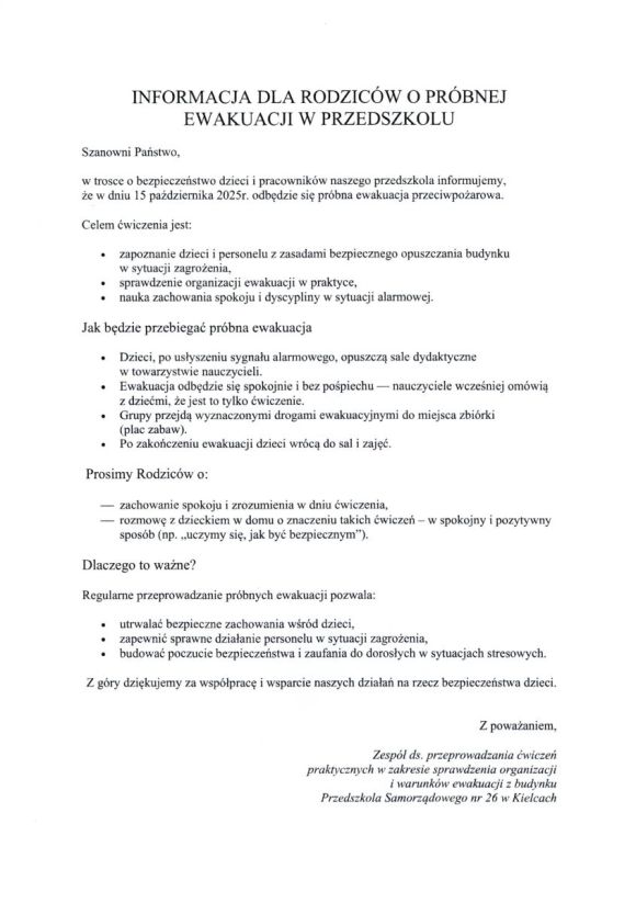 Informacja o próbnej ewakuacji